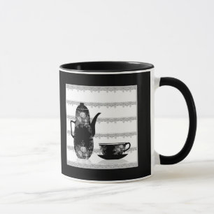Ilustración retro de tetera de café en taza negra