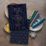 Ilustrar un camino hacia la tarjeta Hanukkah Relie<br><div class="desc">La elegante tipografía de Relieve metalizado dice "Que las llamas que encendemos iluminen un camino hacia la paz" en esta moderna carta de Chanukah. Un patrón de menorahs de Chanukah decora la parte de atrás,  pero también puede incluir una foto con personalización</div>