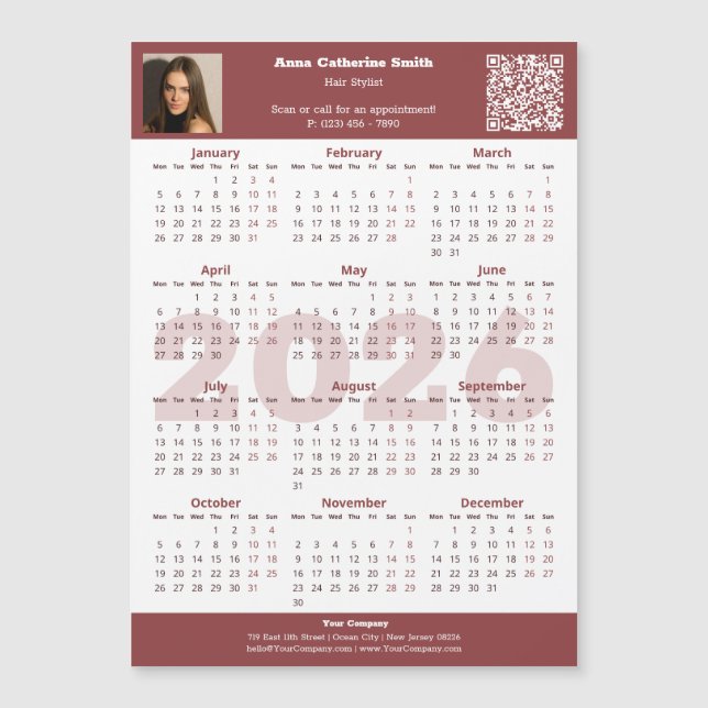 Image QR-code Burgundy White 2026 Calendar Magnet (Anverso)