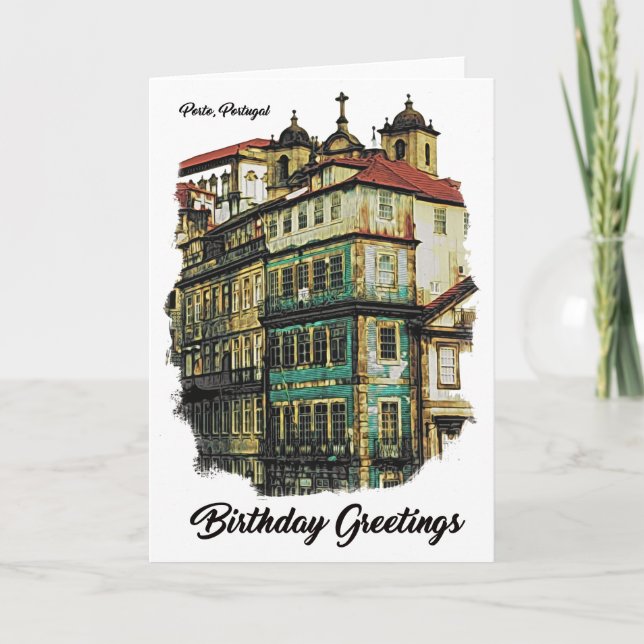 Imagen colorida tarjeta de cumpleaños de Oporto, (Anverso)