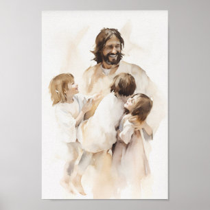 Imagen de arte acuarela de Jesús jugando con niños