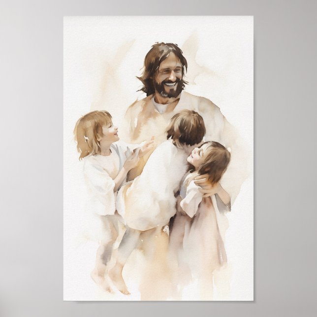 Imagen de arte acuarela de Jesús jugando con niños (Frente)