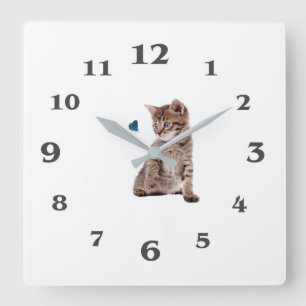 Imagen de gatito y mariposa para reloj cuadrado