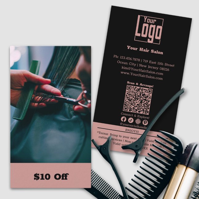 Imagen de moda de peluquería $10 de descuento (Trendy Hairdresser Image $10 Off Discount Card, Custom Photo, Tuscany Pink & Black)