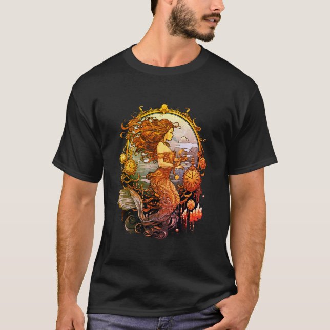 Imagen de sirena Steampunk en una camiseta negra d (Anverso)