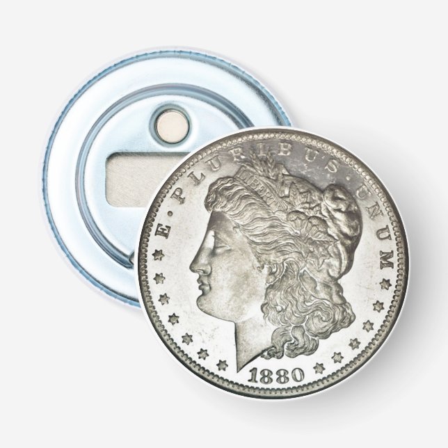 Imagen del dólar de plata Morgan en abrebotellas (Anverso)