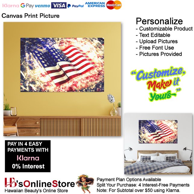 Imagen impresa de lienzo de bandera de Estados Uni (United States of America Flag Canvas Print Picture 3.)