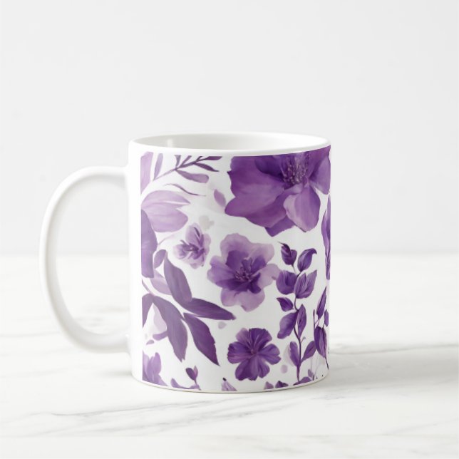 Imagen morada floral en taza de café de 11 oz (Izquierda)