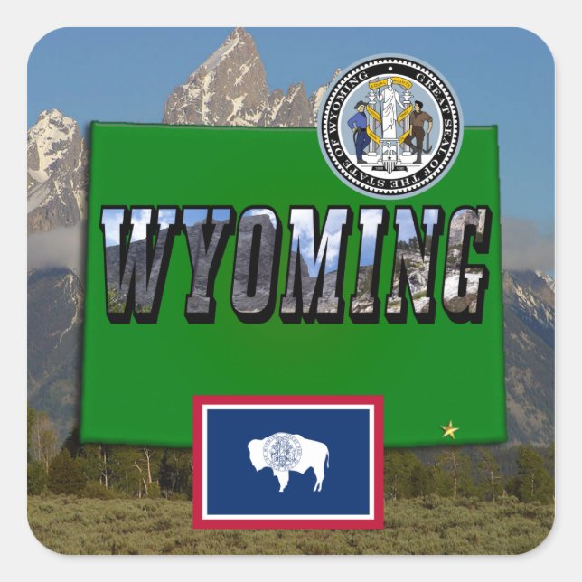 Imagen y texto de Wyoming, mapa, bandera y sello d (Anverso)
