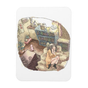 IMÁN さやさごじ 茶色いお部屋の床に寝転んで休む橙色のワンピースの女性のイラスト