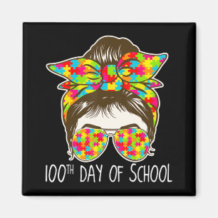 Imán 100 días de escuela Messy Bun Gafas de sol Autismo