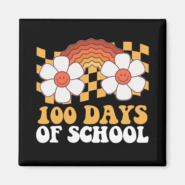 Imán 100 Días De Flor Escolar Arcoiris Groovy Retro (Frente)