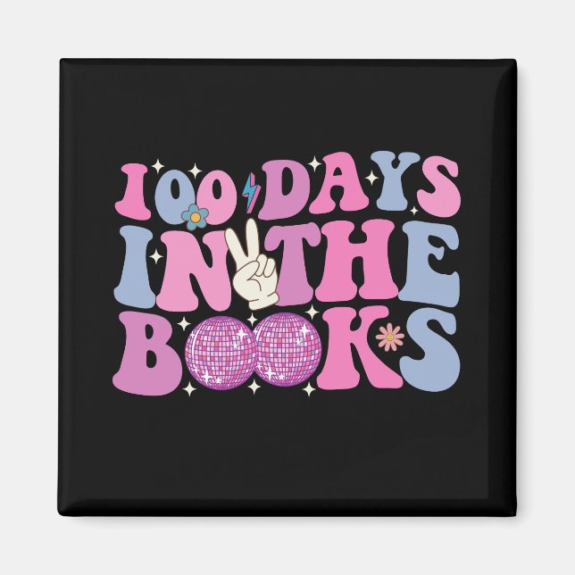 Imán 100 Días En El Libro Disco Ball Groovy Retro (Frente)