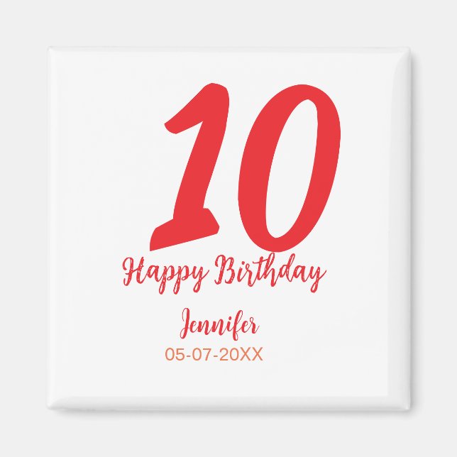 Imán 10.ª fecha de adición de cumpleaños año plantilla  (Frente)