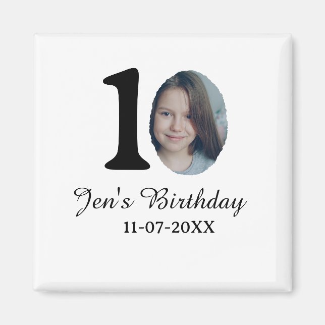 Imán 10.ª foto de cumpleaños letra negrita niños fecha (Frente)