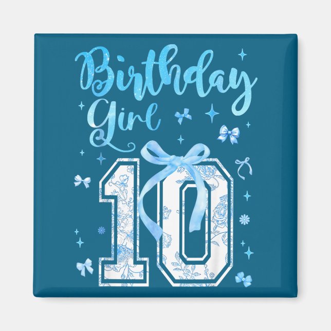 Imán 10th Birthday Girl Blue Toile Coquette Bow 10 Year (Frente)