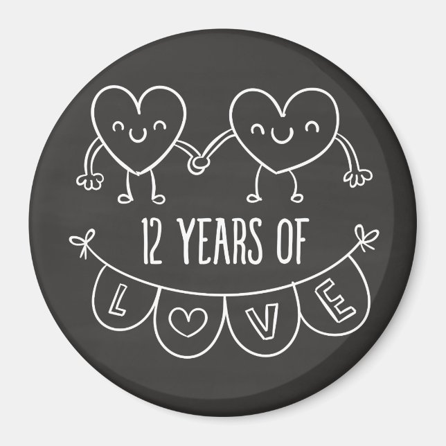 Imán 12° Aniversario Regalo Corazones de Chalk (Frente)