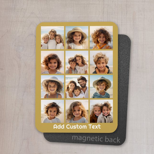Imán 12 Collage de fotos con fondo dorado (Personalized refrigerator magnet with photo collage and custom text - add 12 photos to this design)