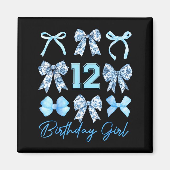 Imán 12th Birthday Girl Blue Toile Coquette Bow 12 Year (Frente)