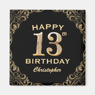 Imán 13.ª fiesta de cumpleaños marco negro y Purpurina 