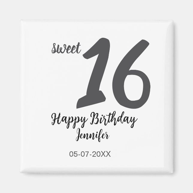 Imán 16º cumpleaños fecha de añadir nombre año negro pl (Frente)