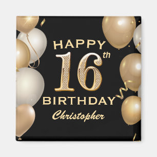 Imán 16.ª fiesta de cumpleaños Globos de oro y negro