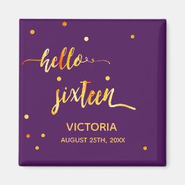 Imán 16 cumpleaños oro morado hola nombre de tipografía