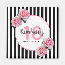 Imán 18 años rayas negras flores rosadas