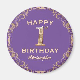 Imán 1.ᵉʳ Fiesta de cumpleaños Marco Purpurina morado y