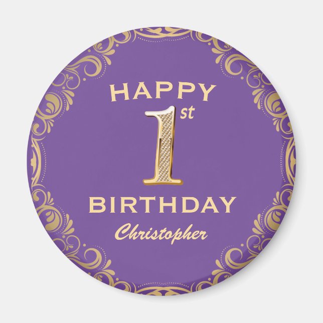 Imán 1.ᵉʳ Fiesta de cumpleaños Marco Purpurina morado y (Frente)