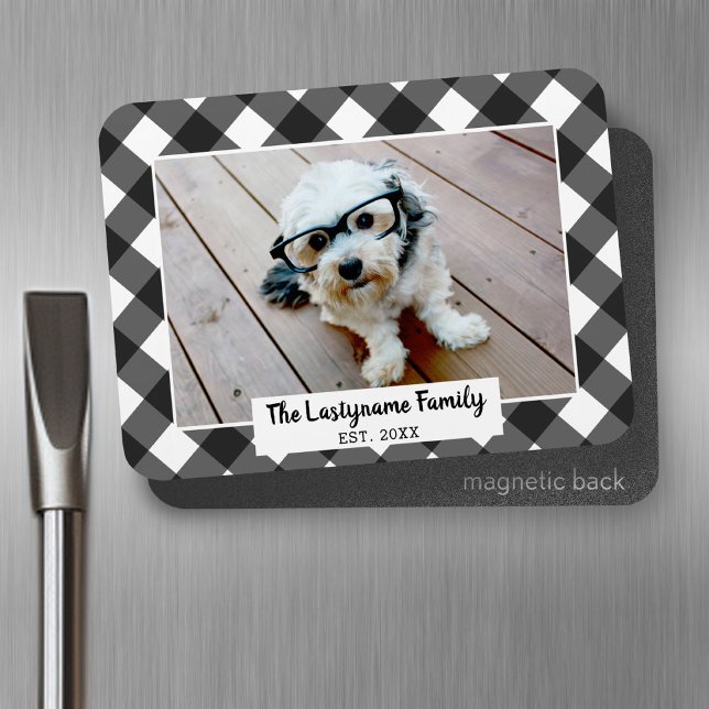 Imán 1 Foto Collage Nombre de Familia - Buffalo Check N (Personalized fridge magnet - add photos and custom text)