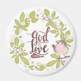 Imán 1 Juan 4:16 Dios es amor Floral Wreath Cute Bird