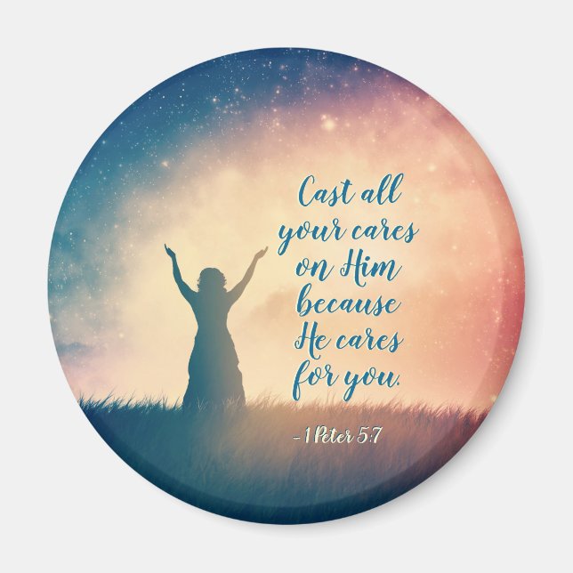 Imán 1 Pedro 5:7 Arroja todas tus preocupaciones sobre  (Frente)