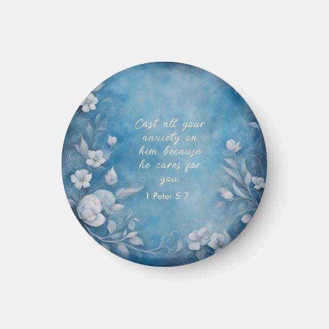 Imán 1 Peter 5:7 “Cast All Your Anxiety” Blue Floral (Frente)