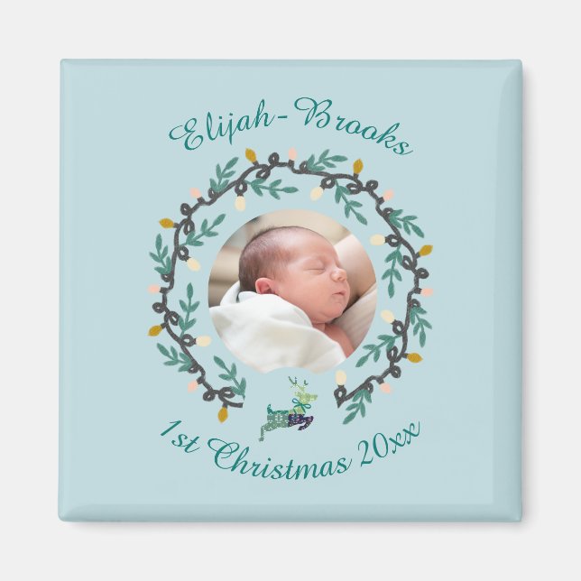 Imán 1st Christmas Deer with Wreath Teal Customize (Frente)