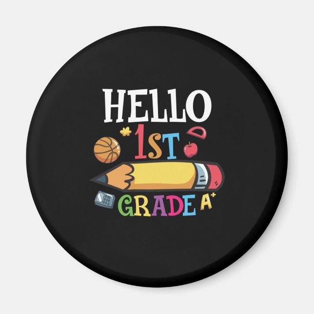 Imán 1st Grade Teacher Hello First Grade Pencil (Frente)