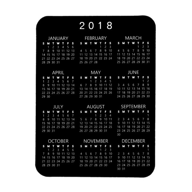Imán 2018 Calendario Magnet - Negro - (Año de fuente Pe (Vertical)