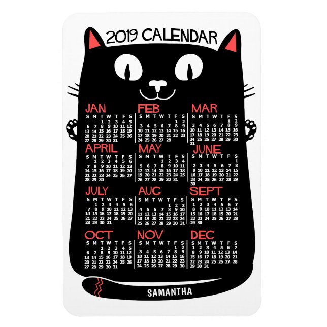 Imán 2019 Año Calendario Mensual Gato negro de mediados (Vertical)