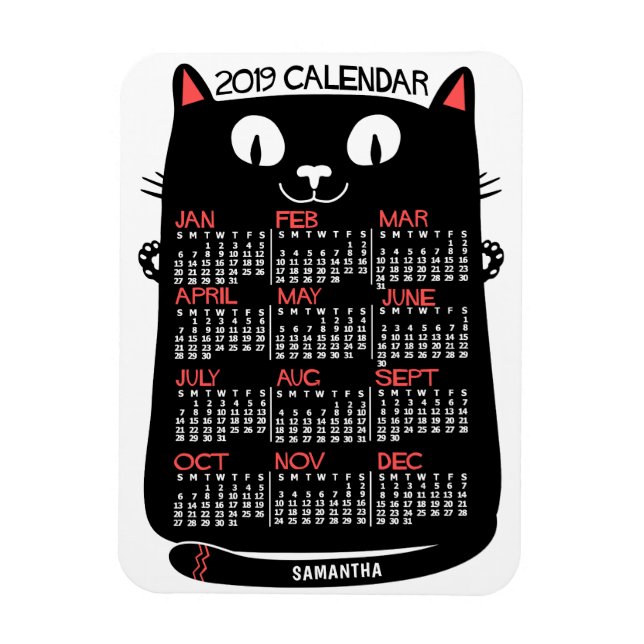 Imán 2019 Año Calendario Mensual Gato negro de mediados (Vertical)