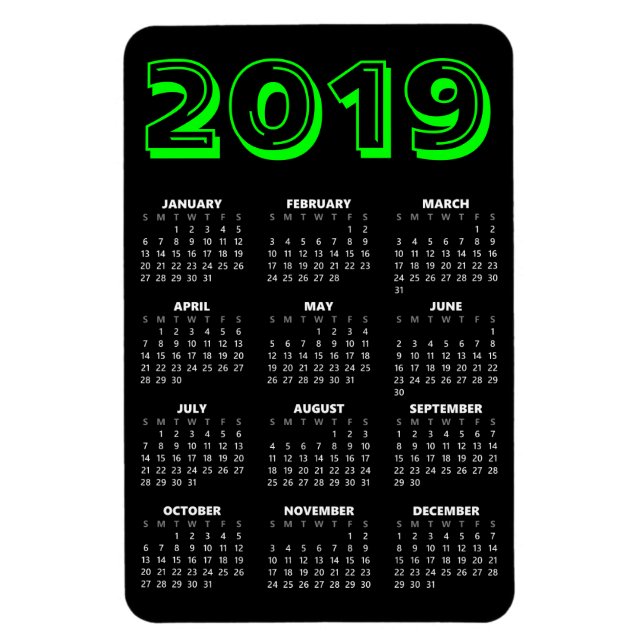 Imán 2019 Calendario Magnet - Negro y Verde (Vertical)