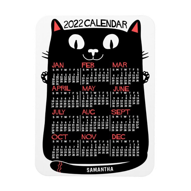 Imán 2022 Año Calendario Mensual Gato negro de mediados (Vertical)