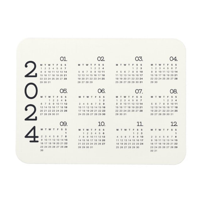 Imán 2024 Full Year Calendar Black And White Elegant (Horizontal)
