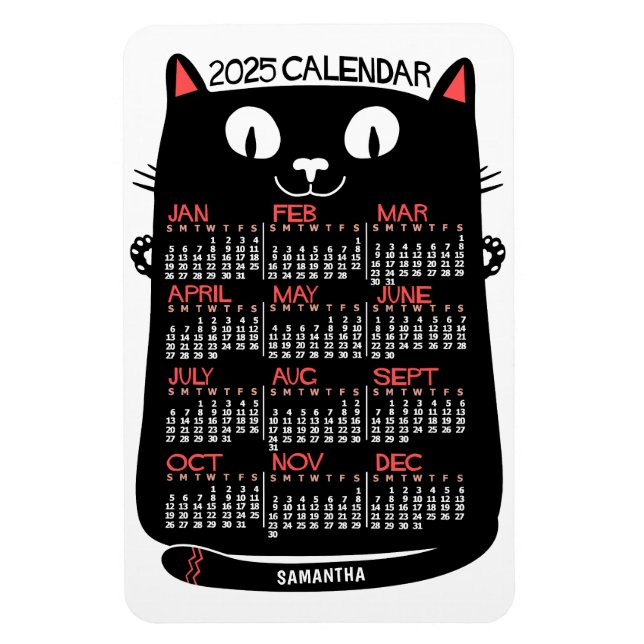 Imán 2025 Año Calendario Mensual Gato negro de mediados (Vertical)