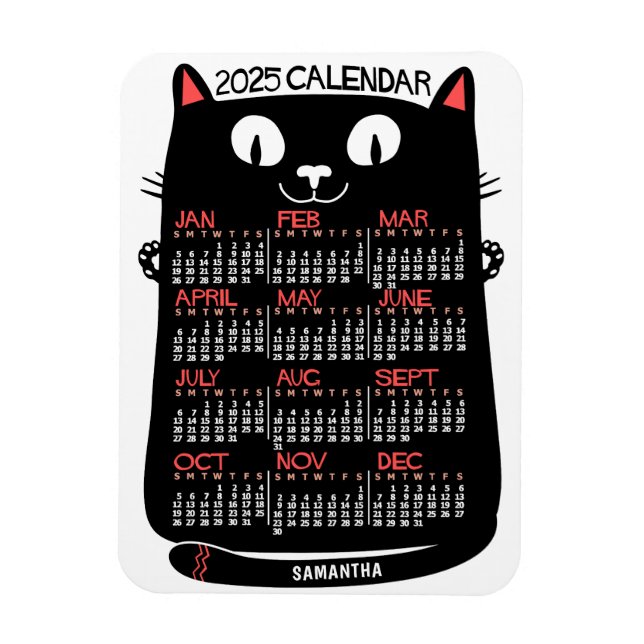 Imán 2025 Año Calendario Mensual Gato negro de mediados (Vertical)