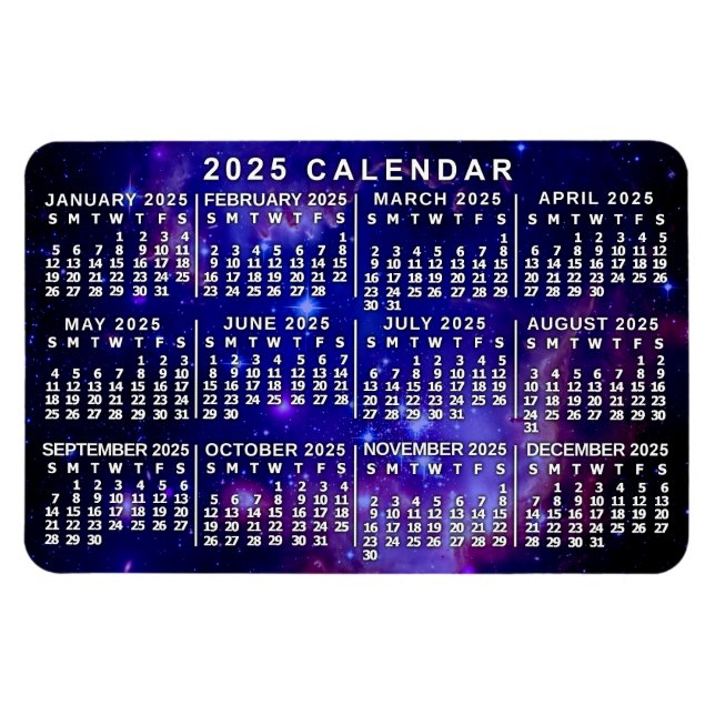 Imán 2025 Año Calendario mensual Nebulosa del espacio u (Horizontal)