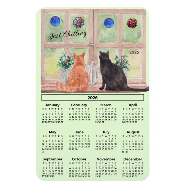 Imán 2026 Calendar Cats in the Window Flexible Magnet (Vertical)