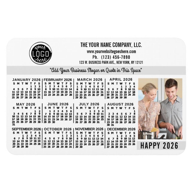 Imán 2026 Calendar Custom Business Logo Name Photo Whit (Horizontal)
