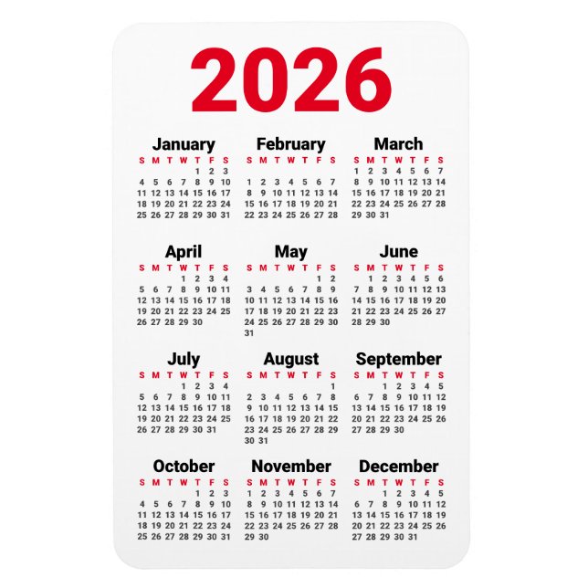 Imán 2026 Calendar Magnet | Red Black Gray White (Vertical)