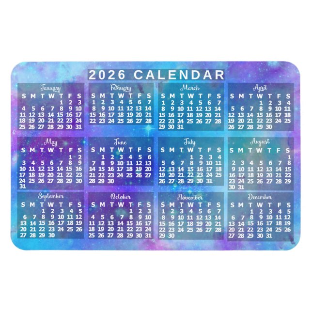 Imán 2026 Year Monthly Calendar Blue Watercolor Stars (Horizontal)