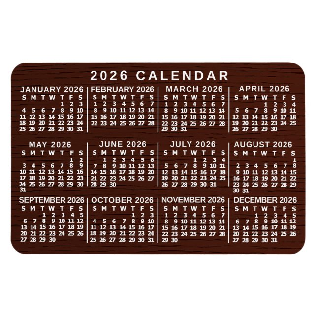 Imán 2026 Year Monthly Calendar Brown Wood Grain Simple (Horizontal)